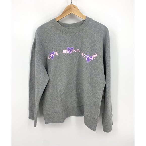 BP 'Love Begins Within' Gray Graphic Oversized Crewneck Sweatshirt NEW WITH TAGS - Picture 1 of 4